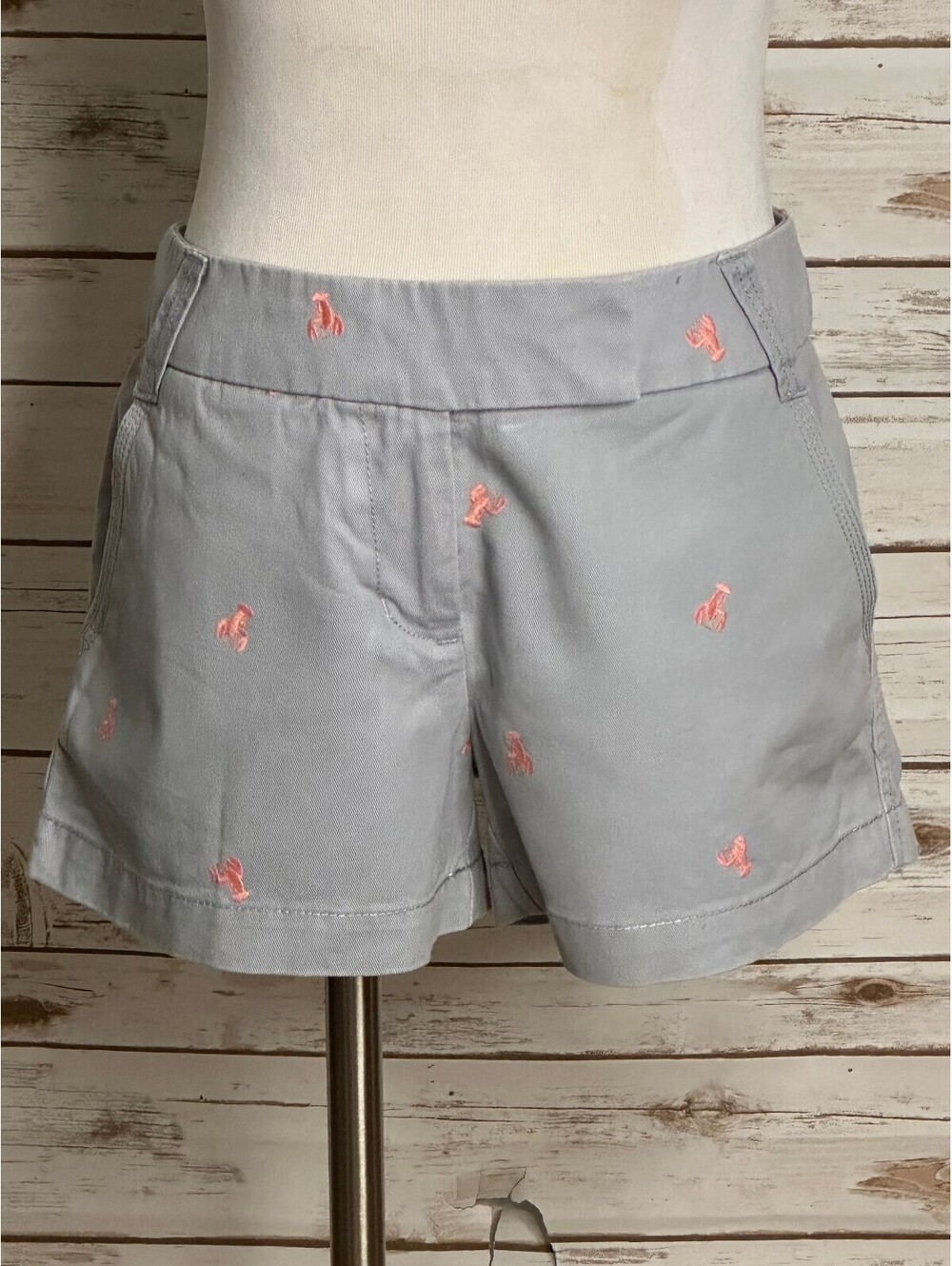 J.Crew Broken-In grey pink lobster embroidered chino shorts Size 8 preppy